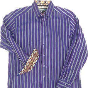 Robert Graham Mens Size Large L Long Sleeve Button Front Shirt Striped Flip Cuff